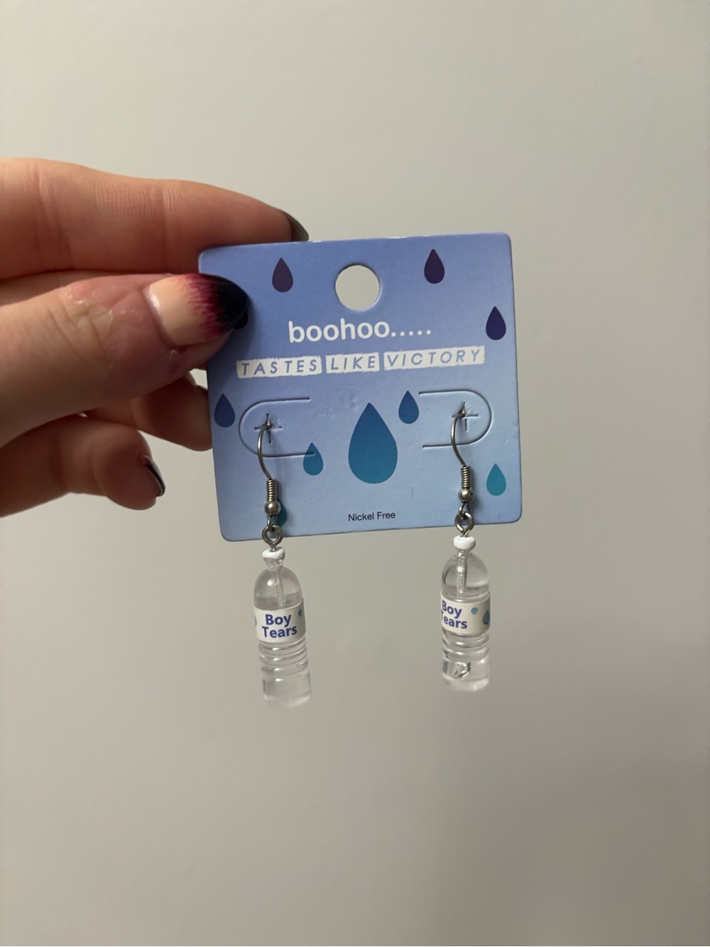 Boohoo Clear Water Bottle Drop Earrings with Blue Dots